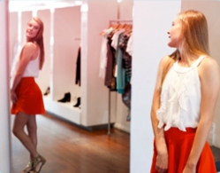 Giovane donna in piedi di fronte a uno specchio mentre si sta provando degli abiti nuovi. L’immagine illustra come cambia il corpo di una giovane donna durante la pubertà.